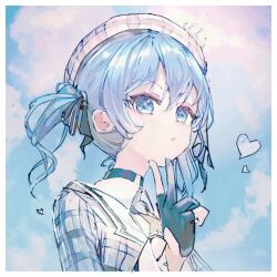Rule 34 | 1girl, black choker, black gloves, black ribbon, blue background, blue eyes, blue hair, blue sky, blush, choker, cloud, cloudy sky, collared shirt, crown, eyelashes, gloves, hair between eyes, hair ribbon, hand up, heart, hololive, hoshimachi suisei, hoshimachi suisei (1st costume), jacket, karyln, long sleeves, looking at viewer, mini crown, partially fingerless gloves, plaid, plaid headwear, plaid jacket, ribbon, shirt, sky, solo, tilted headwear, upper body, virtual youtuber