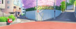 Rule 34 | absurdres, building, bush, cherry blossoms, commentary request, fence, highres, house, isbeyvan, japan, no entry sign, no humans, original, outdoors, pavement, postbox (outgoing mail), power lines, road, road sign, scenery, sign, street, traffic cone, utility pole