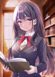 Rule 34 | 1girl, blazer, blue jacket, blush, book, bookshelf, bow, bowtie, breasts, closed mouth, dress shirt, eyelashes, highres, holding, holding book, indoors, jacket, library, long hair, looking at viewer, medium breasts, original, purple eyes, purple hair, red bow, red bowtie, shirt, smile, solo, tokia (17141031otw), white shirt, window