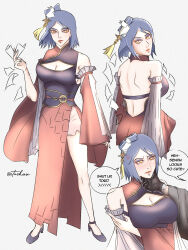 Rule 34 | 1boy, 1girl, anger vein, back, black gloves, blue hair, blush, breasts, cleavage, colored skin, dress, gloves, hand on another&#039;s face, highres, itachuu-art, konan (naruto), labret piercing, large breasts, multicolored skin, naruto (series), naruto shippuuden, orange eyes, paper, short hair, smile, two-tone skin, uchiha obito