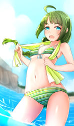 Rule 34 | 10s, 1girl, ahoge, alternate breast size, bare shoulders, bikini, blue eyes, blue sky, blush, braid, breasts, cloud, comah, day, green hair, kantai collection, long hair, looking at viewer, mole, mole under mouth, navel, open mouth, single braid, sky, small breasts, smile, solo, striped bikini, striped clothes, swimsuit, towel, towel around neck, very long hair, water, yuugumo (kancolle)