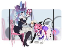 2girls all_fours animal_ears artist_request asymmetrical_gloves black_footwear black_gloves black_skirt black_sleeves blue_eyes blue_hair boots breasts camila_(vtuber) chair closed_mouth clown_nose colored_skin cottontail_(vtuber) cross-laced_clothes cross-laced_sleeves demon_girl demon_tail demon_wings detached_sleeves diamond-shaped_pupils diamond_(shape) elbow_gloves fang fishnet_pantyhose fishnets food gloves gradient_hair grey_skin hair_between_eyes head_wings heterochromia high_heel_boots high_heels highres holding holding_food holding_ice_cream holding_leash ice_cream indie_virtual_youtuber large_breasts leash leotard medium_breasts mismatched_gloves multicolored_hair multiple_girls on_chair open_mouth pantyhose pink_hair pointy_ears purple_eyes purple_hair purple_leotard rabbit_ears skin_fang skirt smile streaked_hair symbol-shaped_pupils tail torn_clothes torn_skirt two_side_up white_gloves white_hair wings