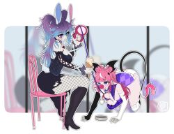 Rule 34 | 2girls, all fours, animal ears, artist request, asymmetrical gloves, black footwear, black gloves, black skirt, black sleeves, blue eyes, blue hair, boots, breasts, camila (vtuber), chair, closed mouth, clown nose, colored skin, cottontail (vtuber), cross-laced clothes, cross-laced sleeves, demon girl, demon tail, demon wings, detached sleeves, diamond-shaped pupils, diamond (shape), elbow gloves, fang, fishnet pantyhose, fishnets, food, gloves, gradient hair, grey skin, hair between eyes, head wings, heterochromia, high heel boots, high heels, highres, holding, holding food, holding ice cream, holding leash, ice cream, indie virtual youtuber, large breasts, leash, leotard, medium breasts, mismatched gloves, multicolored hair, multiple girls, on chair, open mouth, pantyhose, pink hair, pointy ears, purple eyes, purple hair, purple leotard, rabbit ears, skin fang, skirt, smile, streaked hair, symbol-shaped pupils, tail, torn clothes, torn skirt, two side up, virtual youtuber, white gloves, white hair, wings