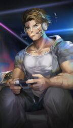 Rule 34 | 1boy, absurdres, black pants, blonde hair, controller, facial scar, food, food in mouth, game controller, grey jacket, headphones, highres, holding, holding controller, holding game controller, isshiki (1sshiki), jacket, luke sullivan, male focus, muscular, muscular male, open clothes, open jacket, pants, playing games, playstation controller, scar, scar across eye, scar on cheek, scar on face, shirt, short hair, solo, street fighter, street fighter 6, translation request, white shirt