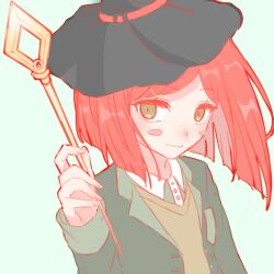 Rule 34 | 1girl, aqua background, blush stickers, brown vest, collared shirt, commentary request, danganronpa (series), danganronpa v3: killing harmony, green hat, hair ornament, hand up, hat, highres, holding, holding staff, jacket, karoru (xiaoxian55), looking at viewer, multicolored hair, open clothes, open jacket, red hair, shirt, short hair, smile, staff, two-tone hair, vest, white shirt, witch hat, yumeno himiko