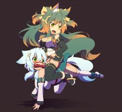 Rule 34 | 2girls, animal ear fluff, animal ears, bdsm, bit gag, blue hair, boots, breasts, cleavage, detached sleeves, fang, femdom, gag, gradient hair, green eyes, green hair, kuromiya, kuromiya raika (kuromiya), large breasts, long hair, multicolored hair, multiple girls, open mouth, orange hair, original, pet play, pony play, riding, shiromiya asuka (kuromiya), sitting, sitting on person, stirrups (riding), tail, thigh boots, thighhighs