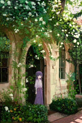 Rule 34 | 1girl, absurdres, arch, bad id, bad pixiv id, black hair, building, closed mouth, commentary request, coraman, day, grey shirt, highres, long hair, long skirt, looking at viewer, original, outdoors, puffy short sleeves, puffy sleeves, purple eyes, purple hair, purple skirt, scenery, shirt, short sleeves, skirt, smile, solo, standing, very long hair, window