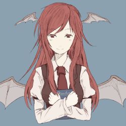 Rule 34 | 1girl, bat wings, book, hugging book, dress shirt, embodiment of scarlet devil, face, female focus, head wings, holding, holding book, hugging object, kawashina (momen silicon), koakuma, long hair, long sleeves, low wings, necktie, red eyes, red hair, romaji text, shirt, simple background, smile, solo, touhou, vest, white shirt, wings