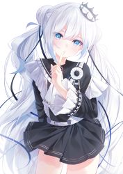 Rule 34 | 1girl, black ribbon, black shirt, black skirt, blue nails, blush, commentary request, commission, cowboy shot, crown, double bun, eyes visible through hair, finger to mouth, frilled sleeves, frills, hair between eyes, hair bun, hair ribbon, head tilt, highres, indie virtual youtuber, long hair, long sleeves, looking at viewer, mini crown, nail polish, petr petrichor, pleated skirt, ribbon, shirt, shushing, silver hair, simple background, skeb commission, skirt, solo, standing, suspender skirt, suspenders, twintails, very long hair, virtual youtuber, white background, yuzuno kaori