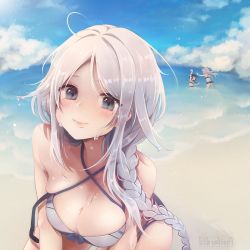 Rule 34 | 3girls, adapted costume, beach, bikini, black bikini, blue eyes, blue sky, braid, breasts, cleavage, cloud, commentary request, cowboy shot, day, hair tie, highres, horizon, kantai collection, leaning forward, long hair, looking at viewer, medium breasts, mole, mole under eye, multiple girls, ocean, outdoors, parted bangs, ruohire9, shigure (kancolle), silver hair, sky, solo focus, swimsuit, umikaze (kancolle), very long hair, yuudachi (kancolle)
