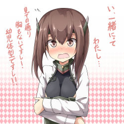 Rule 34 | 10s, 1girl, blush, brown eyes, brown hair, hair between eyes, headband, kantai collection, looking at viewer, open mouth, personification, short hair, solo, taihou (kancolle), translated, ukami