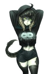 Rule 34 | 1girl, ahoge, arms behind head, barbariank, black dragon (d&amp;d), black hair, black shirt, black shorts, black thighhighs, breasts, contemporary, cowboy shot, dragon girl, dragon tail, dungeons &amp; dragons, female focus, glowing, glowing eyes, green eyes, highres, hood, hoodie, horns, looking at viewer, midriff, monster girl, navel, original, pale skin, personification, scales, shirt, shorts, skull print, slit pupils, solo, tail, thighhighs, transparent background, zipper