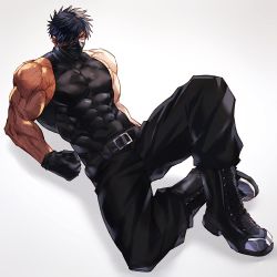 Rule 34 | 1boy, abs, bad id, bad twitter id, baggy pants, bara, biceps, black hair, boots, burn scar, clenched hand, collared shirt, compression shirt, covered mouth, domo (domo kizusuki), gloves, large pectorals, leather, leather belt, leather boots, lying, male focus, manly, mask, mature male, muscular, muscular male, on back, one eye covered, original, pants, pectorals, scar, shirt, short hair, sidepec, simple background, sleeveless, solo, spiked hair, thick arms, tight clothes, white background, yellow eyes