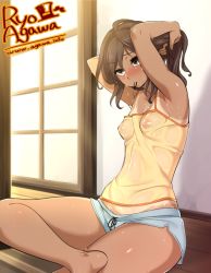Rule 34 | 1girl, adjusting hair, agawa ryou, armpits, arms behind head, artist name, bad id, bad pixiv id, bare legs, barefoot, blush, breasts, brown eyes, brown hair, camisole, covered erect nipples, dark-skinned female, dark skin, hair tie, hot, long hair, looking away, mouth hold, nipples, no bra, nose blush, on floor, one-piece tan, see-through, short shorts, shorts, sitting, small breasts, solo, spaghetti strap, sweat, tan, tanline, thighs, tying hair, watermark, web address, wet, wet clothes, wooden floor