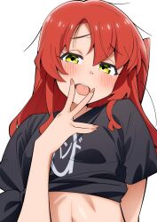 Rule 34 | 1girl, black shirt, blush, bocchi the rock!, clothes lift, commentary request, cunnilingus gesture, female pervert, green eyes, half-closed eyes, highres, kita ikuyo, long hair, looking at viewer, midriff, one side up, pervert, red hair, sakura 1110ssmm, shirt, shirt lift, short sleeves, simple background, solo, tongue, tongue out, upper body, v over mouth, white background