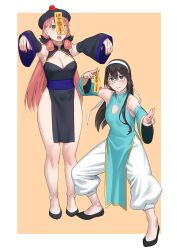 Rule 34 | 2girls, akashi (kancolle), alternate costume, aqua eyes, bare shoulders, black dress, black footwear, black hair, black nails, blue dress, blunt tresses, border, breasts, chinese clothes, cleavage, cleavage cutout, clothing cutout, commentary request, dress, fighting stance, full body, green eyes, hair ribbon, highres, jiangshi, kantai collection, large breasts, long hair, multiple girls, nail polish, ofuda, ooyodo (kancolle), open mouth, orange background, pink hair, ribbon, simple background, sleeves past fingers, sleeves past wrists, small breasts, teeth, tress ribbon, upper teeth only, very long sleeves, white border, wide sleeves, yuuji (and)