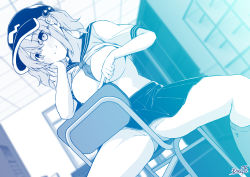 Rule 34 | 1girl, alternate costume, between legs, blue theme, blush, breasts, chair, chair censor, closed mouth, clothes lift, commentary request, convenient arm, convenient censoring, dutch angle, feet out of frame, flat cap, hair bobbles, hair ornament, hat, highres, indoors, kagiyama shachou, kawashiro nitori, large breasts, looking at viewer, medium hair, miniskirt, monochrome, neckerchief between breasts, no bra, no panties, pleated skirt, school uniform, serafuku, shirt lift, sidelocks, sitting, skirt, smile, socks, solo, touhou, two side up