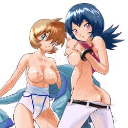 Rule 34 | 00s, 2girls, ass, black hair, breast hold, breast lift, breasts, brown hair, butt crack, clothes lift, clothes pull, creatures (company), deep skin, flipped hair, game freak, grabbing, grabbing another&#039;s breast, grabbing own breast, green eyes, gym leader, large breasts, misty (pokemon), multiple girls, nervous, nintendo, nipples, no panties, nude, one-piece swimsuit pull, otsukare, pink eyes, pokemon, pokemon hgss, pubic hair, sabrina (pokemon), see-through, shirt lift, small nipples, smile, topless, wet