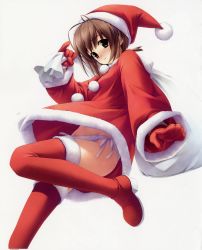 Rule 34 | 1girl, amatsume akira, boots, bow, brown eyes, brown hair, fur-trimmed boots, fur boots, fur trim, gloves, groin, hashimoto takashi, hat, highres, panties, red bow, red footwear, red gloves, red hat, red thighhighs, santa boots, santa hat, side-tie panties, solo, thigh boots, thighhighs, underwear, white background, white panties, white thighhighs, yosuga no sora
