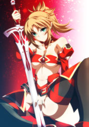 Rule 34 | 1girl, black thighhighs, blonde hair, clarent (fate), commentary request, detached collar, fate/apocrypha, fate (series), green eyes, highres, ka2, looking at viewer, mordred (fate), mordred (fate/apocrypha), ponytail, smile, solo, sword, thighhighs, weapon
