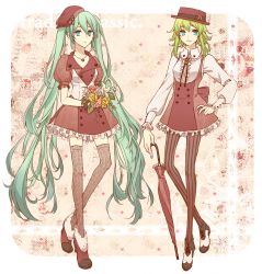 Rule 34 | 2girls, closed umbrella, dress, fashion, flower, green eyes, green hair, gumi, hand on own hip, hat, hatsune miku, hip focus, jewelry, long hair, multiple girls, necklace, pantyhose, shivue, striped clothes, striped legwear, striped pantyhose, thighhighs, twintails, umbrella, vertical-striped clothes, vertical-striped legwear, vertical-striped pantyhose, very long hair, vocaloid