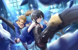 Rule 34 | 2girls, artist request, bare shoulders, black nails, blunt bangs, boots, bracelet, braid, breasts, brown eyes, chain, choker, cleavage, collarbone, earrings, eyelashes, fighting, fighting stance, fingerless gloves, flat chest, gloves, grin, hair ornament, hairclip, idolmaster, idolmaster cinderella girls, idolmaster cinderella girls starlight stage, indoors, jewelry, leather, light brown hair, long hair, looking at viewer, looking to the side, mannequin, matsunaga ryo, multiple girls, nail polish, official art, pants, pond, purple eyes, rain, ring, serious, shirayuki chiyo, short hair, shorts, single glove, smile, water drop, window