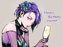 Rule 34 | 1girl, alcohol, asymmetrical hair, bare shoulders, breasts, champagne, cleavage, cup, dated, fire emblem, fire emblem: three houses, glass, happy birthday, holding, holding cup, nintendo, purple eyes, purple hair, shamir nevrand, short hair, t misaomaru, upper body