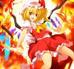 Rule 34 | 1girl, ascot, blonde hair, bow, crystal, fang, female focus, flandre scarlet, hat, hat bow, laevatein, open mouth, puffy sleeves, red eyes, short hair, short sleeves, side ponytail, solo, touhou, wings, zb (dawn-blue)