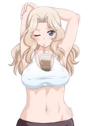 Rule 34 | 1girl, armpits, arms behind head, arms up, bike shorts, black shorts, blonde hair, blue eyes, blush, breasts, commentary request, covered erect nipples, drinking, drinking straw, drinking straw in mouth, girls und panzer, hair intakes, kay (girls und panzer), large breasts, long hair, looking at viewer, one-hour drawing challenge, one eye closed, shorts, simple background, skindentation, solo, sports bra, standing, stretching, twitter username, upper body, white background, white sports bra, yts takana