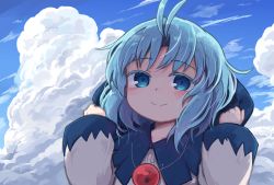 Rule 34 | 1girl, antenna hair, blue eyes, blue hair, blue sky, blush, closed mouth, cloud, cloudy sky, colored eyelashes, commentary request, day, dress, hands up, highres, hood, hood down, hooded dress, kibisake, kumoi ichirin, long sleeves, looking at viewer, outdoors, sky, sleeves past wrists, smile, solo, touhou, upper body, white dress, wide sleeves