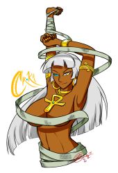 Rule 34 | 1girl, ankh, armlet, armpits, arms up, bad id, bad pixiv id, bandages, blue eyes, bracelet, breasts, character name, choker, convenient censoring, dark-skinned female, dark skin, earrings, egyptian, female focus, heterochromia, highres, hoop earrings, idc zazie, jewelry, large breasts, long hair, nail polish, navel, orange nails, original, pendant, silver hair, smile, solo, topless, topless frame, transparent background, upper body, yellow eyes