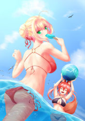 Rule 34 | 10s, 2girls, ^ ^, ahoge, ahsiu, air bubble, alternate costume, animal, animal ears, arms up, ass, back, bad id, bad pixiv id, ball, beachball, bikini, bird, black bikini, blonde hair, blue sky, blush, bow, bracelet, breasts, bubble, cleavage, closed eyes, cloud, cowboy shot, criss-cross halter, day, dutch angle, eyebrows, eyelashes, fate/extra, fate/grand order, fate (series), food, food in mouth, fox ears, fox tail, green eyes, hair between eyes, hair bow, hair bun, hair intakes, hair ribbon, halterneck, highres, holding, holding ball, holding food, jewelry, large breasts, looking back, md5 mismatch, mouth hold, multiple girls, nero claudius (fate), nero claudius (fate) (all), nero claudius (fate/extra), o-ring, o-ring bikini, o-ring bottom, o-ring top, outdoors, popsicle, red bikini, red hair, red ribbon, ribbon, ringed eyes, seagull, side-tie bikini bottom, sideboob, sidelocks, single hair bun, sky, string bikini, swimsuit, tail, tamamo (fate), tamamo no mae (fate/extra), underboob, untied bikini, wading, wardrobe malfunction, wet