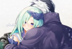 Rule 34 | 1boy, 1girl, black hair, blush, bright pupils, brynhildr (fate), cape, closed mouth, couple, fate/grand order, fate (series), grey background, hetero, hug, lapis429, long hair, looking at viewer, messy hair, multicolored hair, popped collar, purple cape, purple eyes, signature, sigurd (fate), smile, two-tone hair, white hair