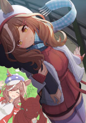 2girls alternate_costume animal_ears arm_hug brown_eyes brown_hair closed_eyes commentary_request dating dreaming filkia hair_ornament hat highres horse_girl matikane_tannhauser_(umamusume) multiple_girls nice_nature_(umamusume) red_hair scarf smile sweat translation_request umamusume winter_clothes