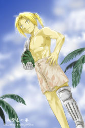 Rule 34 | 00s, 1boy, blonde hair, edward elric, food, fruit, fullmetal alchemist, hand on own hip, hip focus, looking at viewer, male focus, mika, muscular, nature, outdoors, palm tree, ponytail, prosthesis, prosthetic arm, prosthetic leg, sky, solo, swimsuit, tree, trunks, watermelon, yellow eyes