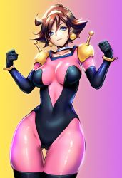 Rule 34 | 1girl, armor, blue eyes, bodysuit, breasts, breasts apart, brown hair, choker, clenched hands, closed mouth, collar, collarbone, contrapposto, covered navel, cowboy shot, earrings, g gundam, gluteal fold, gold, gradient background, gundam, hair between eyes, hairband, hands up, impossible bodysuit, impossible clothes, jewelry, large breasts, linea alba, lips, metal collar, mobile trace suit, mu-ihara, pauldrons, pink bodysuit, rain mikamura, shiny clothes, short hair, shoulder armor, skin tight, skindentation, smile, solo, thigh gap, wide hips, wristband