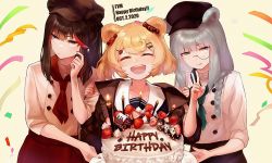 Rule 34 | 3girls, :d, :q, ^ ^, animal ears, arknights, ascot, bear ears, beige background, black hair, black headwear, black nails, blue eyes, blue neckwear, blush, braid, cabbie hat, cake, candle, candy hair ornament, closed eyes, commentary request, dated, food, food-themed hair ornament, green ascot, grey eyes, grey hair, gummy (arknights), hair between eyes, hair ornament, hand up, happy birthday, hat, highres, ink., istina (arknights), long hair, monocle, multicolored hair, multiple girls, nail polish, neckerchief, nose blush, open mouth, red hair, red neckerchief, shirt, short hair, single braid, smile, streaked hair, tongue, tongue out, v, white shirt, zima (arknights)