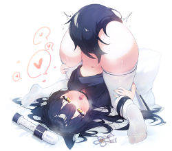 Rule 34 | 1girl, absurdres, animal ear fluff, animal ears, black hair, breasts, choker, half-closed eyes, heart, highres, hitachi magic wand, in heat, looking at viewer, lying, on back, open mouth, pillow, saliva, sen light, sex toy, small breasts, spoken heart, tail, thighhighs, tongue, tongue out, top-down bottom-up, vibrator, white thighhighs, yellow eyes