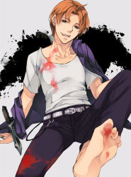 Rule 34 | 1boy, :d, arm support, barefoot, belt, black eyes, blood, chain, denim, earrings, fate/zero, fate (series), feet, foot focus, foreshortening, head tilt, jacket, jeans, jewelry, knife, leg up, looking at viewer, male focus, nishi juuji, off shoulder, open clothes, open jacket, open mouth, orange hair, pants, parted bangs, purple jacket, ring, shirt, sitting, smile, soles, solo, spread legs, studded belt, t-shirt, toes, uryuu ryuunosuke