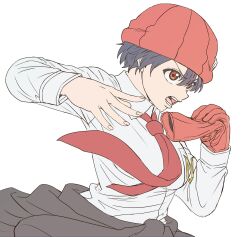 Rule 34 | 1girl, black hair, black jacket, clothes around waist, collared shirt, gloves, highres, ishimoto shun&#039;ichi, izumo fuuko, jacket, jacket around waist, long sleeves, medium hair, necktie, open mouth, red beanie, red eyes, red gloves, red necktie, removing glove, shirt, simple background, teeth, undead unluck, white background, white shirt