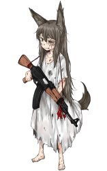 Rule 34 | 1girl, ak-47, animal ears, assault rifle, barefoot, battle scarred, black hair, check commentary, child, commentary request, cuts, dress, fox ears, fox tail, green eyes, gun, highres, injury, kalashnikov rifle, komusou (jinrikisha), long hair, original, rifle, scar, solo, strike witches, strike witches 1991, tail, tears, torn clothes, torn dress, weapon, world witches series, aged down