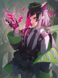 Rule 34 | 1girl, bad link, black coat, black gloves, black hair, black hat, black skirt, blunt bangs, chorefuji, coat, collared shirt, colored inner hair, commentary request, gloves, grey pantyhose, hand up, hat, highres, lilia vanrouge, multicolored hair, necktie, off shoulder, open mouth, outdoors, pantyhose, pink eyes, pleated skirt, pointy ears, shirt, skirt, smile, solo, standing, twisted wonderland