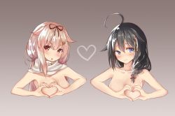 Rule 34 | 10s, 2girls, blush, breasts, dango (dangowalolicon), heart, heart-shaped boob challenge, heart hands, kantai collection, multiple girls, scarf, shigure (kancolle), source request, yuudachi (kancolle)