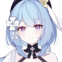 Rule 34 | 1girl, beret, black hat, blue hair, closed mouth, griseo, griseo (starry impression), hat, highres, honkai (series), honkai impact 3rd, light blue hair, long hair, purple eyes, simple background, smile, solo, tdatnst, white background, white hat