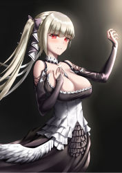 Rule 34 | 1girl, absurdres, azur lane, bad id, bad pixiv id, bare shoulders, between breasts, black background, black nails, black ribbon, breasts, cleavage, clothing cutout, cowboy shot, detached collar, dress, formidable (azur lane), frilled dress, frills, from side, gothic lolita, hair ribbon, hand on own chest, highres, large breasts, lolita fashion, long hair, looking at viewer, naga (pixiv70891418), nail polish, necktie, necktie between breasts, platinum blonde hair, red eyes, ribbon, shoulder cutout, simple background, solo, twintails, two-tone dress, two-tone ribbon, very long hair