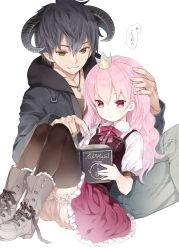 Rule 34 | 1boy, 1girl, :&lt;, black hair, black thighhighs, blouse, blush, book, boots, braid, brown eyes, capriccio, closed mouth, crown, demon horns, frills, hair between eyes, hibanar, hime-chan to maou, holding, holding book, hood, hoodie, horns, legs together, long hair, mini crown, open book, parted lips, pink hair, pink skirt, pointing, puffy shorts, reading, red eyes, shirt, shorts, simple background, sitting, skirt, smile, speech bubble, thighhighs, wavy hair, white background, white shirt