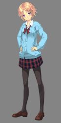 Rule 34 | 1girl, black pantyhose, bow, brown hair, full body, hair ornament, hairclip, hands on own hips, highres, light smile, loafers, looking at viewer, original, pantyhose, plaid, plaid skirt, pleated skirt, purple eyes, ryou@ryou, school uniform, shoes, short hair, simple background, skirt, solo