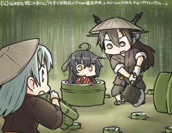 Rule 34 | 3girls, ahoge, alternate costume, aqua eyes, aqua hair, axe, bamboo, bamboo forest, black hair, carrying over shoulder, commentary request, crescent, crescent pin, dated, forest, gloves, glowing, hamu koutarou, hat, headgear, holding, holding axe, japanese clothes, kantai collection, long hair, mikazuki (kancolle), multiple girls, nagato (kancolle), nature, open mouth, red eyes, suzuya (kancolle), taketori monogatari, white gloves, yellow eyes