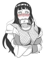 Rule 34 | 1girl, blush, breasts, cleavage, fishnets, forehead protector, hyuuga hinata, large breasts, long hair, looking at viewer, monochrome, naruto (series), naruto shippuuden, simple background, solo, white background, yukataro
