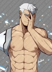 Rule 34 | 1boy, abs, absurdres, artist name, bara, closed mouth, covering one eye, hand on own face, highres, kuroshinki, large pectorals, looking at viewer, male focus, mechanical arms, muscular, muscular male, navel, nipples, pectorals, prosthesis, prosthetic arm, scar, scar on face, scar on nose, short hair, sideburns, simple background, single mechanical arm, smile, solo, takashi shirogane, upper body, voltron: legendary defender, voltron (series), white hair